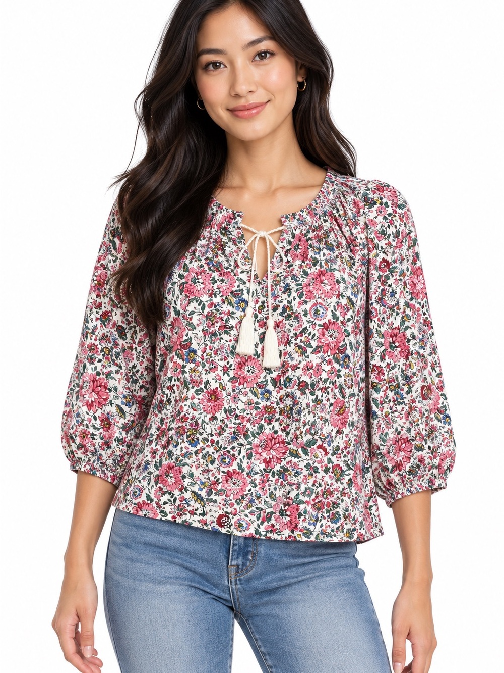 Old Navy Floral Tassel-Tie Peasant Top Cotton Blend Women's XS Cottagecore